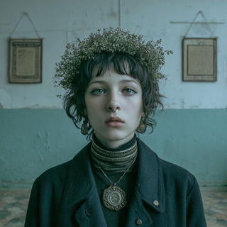 Ruinferrous style, Midjourney V7: photographic portrait of female protagonist