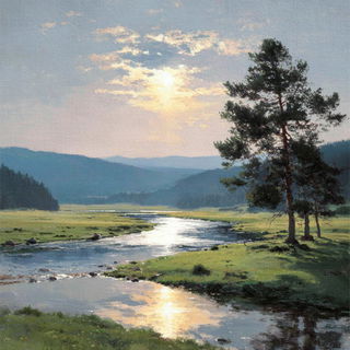 Cloudscar Canticle style, Midjourney V7: realistic landscape photograph of quiet dawn
