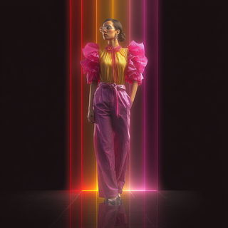 Chromatic Thresholds style, Midjourney V7: haute-couture fashion outfit