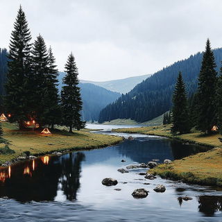Ruinfresco style, Midjourney V7: realistic landscape photograph of quiet dawn