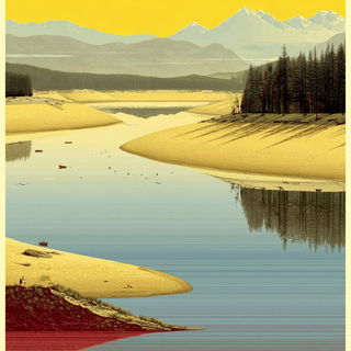 Elephantine Sunprint style, Midjourney V7: realistic landscape photograph of quiet dawn