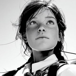 Satellite Jacquard style, Midjourney V7: photographic portrait of female protagonist