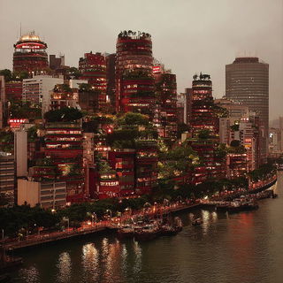 Occlusionary style, Midjourney V7: megacity with futuristic bioarchitecture