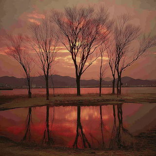 Occlusionary style, Midjourney V7: realistic landscape photograph of quiet dawn