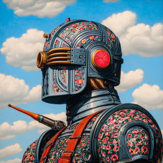 Chromagild style, Midjourney V7: concept art character design of retropunk steam knight