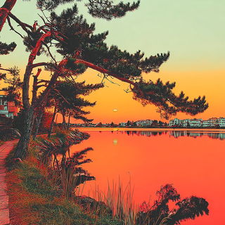 Gearflora style, Midjourney V7: realistic landscape photograph of quiet dawn