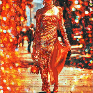 Glintfrost Panoramics style, Midjourney V7: haute-couture fashion outfit