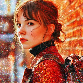 Glintfrost Panoramics style, Midjourney V7: photographic portrait of female protagonist