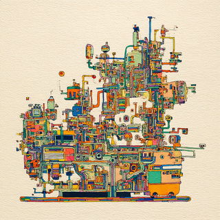 Cavernous Chromabiosis style, Midjourney V7: technical infrastructure blueprint schematics