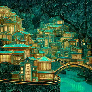 Moonstair Serigraph style, Midjourney V7: megacity with futuristic bioarchitecture