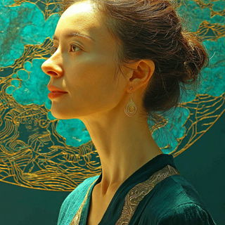 Moonstair Serigraph style, Midjourney V7: photographic portrait of female protagonist