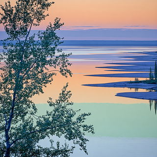 Verduraform style, Midjourney V7: realistic landscape photograph of quiet dawn