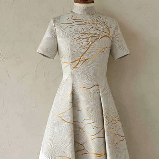 Giltwave Forging style, Midjourney V7: haute-couture fashion outfit