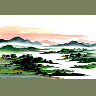 Inkterrace style, Midjourney V7: realistic landscape photograph of quiet dawn