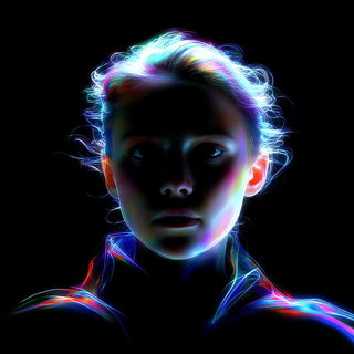 Prismfluidics style, Midjourney V7: photographic portrait of female protagonist