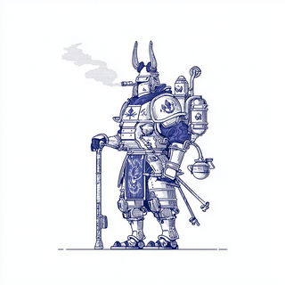 Sparse Mechanist Fieldwork style, Midjourney V7: concept art character design of retropunk steam knight