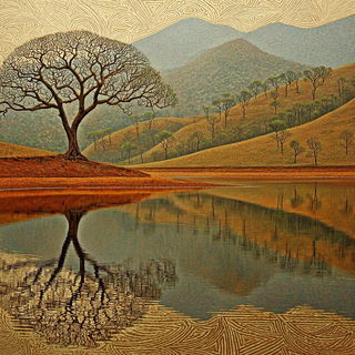 Tessellobotany style, Midjourney V7: realistic landscape photograph of quiet dawn