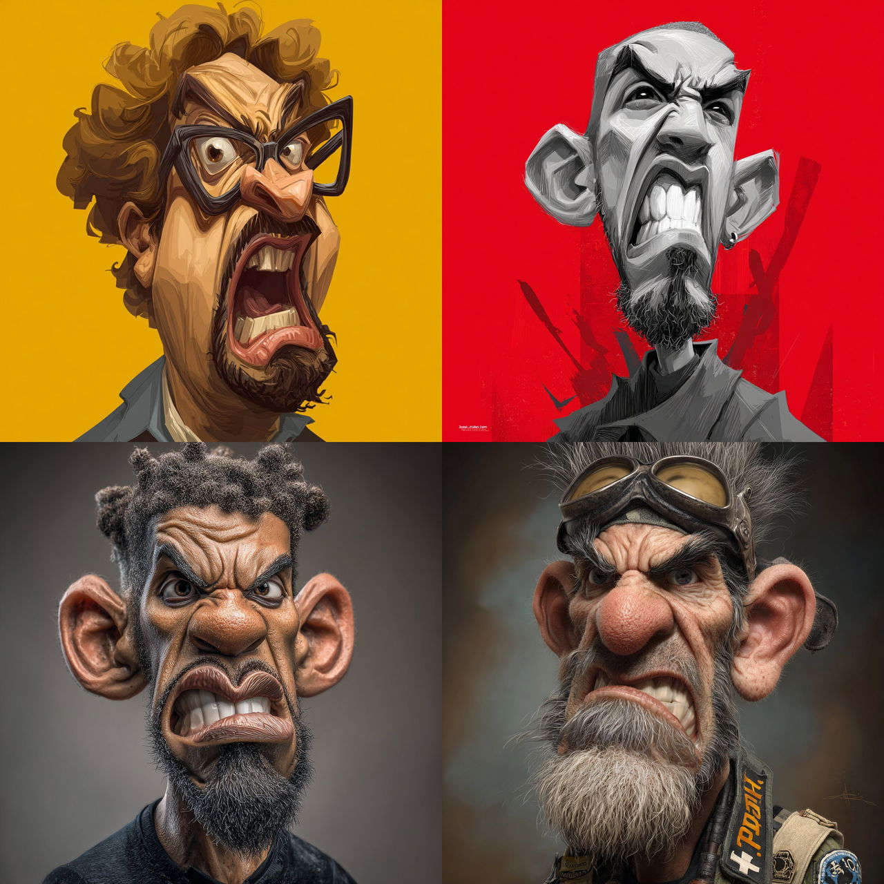 Extreme caricature style, Midjourney V7, render 1 of 4