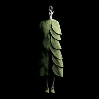 Petroglyphic Brutalism style, Midjourney V7: haute-couture fashion outfit