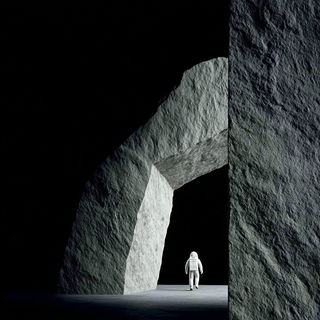 Petroglyphic Brutalism style, Midjourney V7: cinematic shot from sci-fi movie