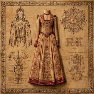 Sepiarch style, Midjourney V7: haute-couture fashion outfit