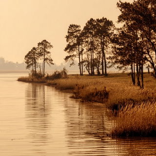 Sepiarch style, Midjourney V7: realistic landscape photograph of quiet dawn