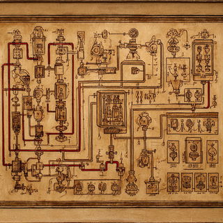Sepiarch style, Midjourney V7: technical infrastructure blueprint schematics