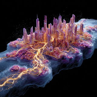 Crystaferric style, Midjourney V7: megacity with futuristic bioarchitecture