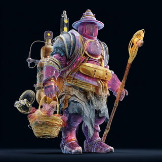 Crystaferric style, Midjourney V7: concept art character design of retropunk steam knight