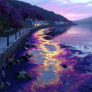 Crystaferric style, Midjourney V7: realistic landscape photograph of quiet dawn