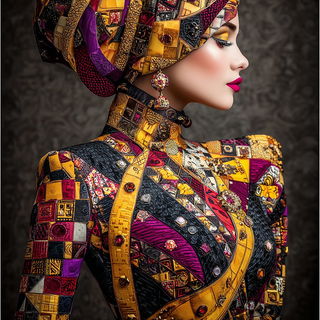 Chronobrocade style, Midjourney V7: haute-couture fashion outfit