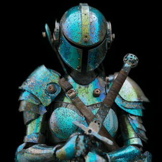 Gritpress style, Midjourney V7: concept art character design of retropunk steam knight