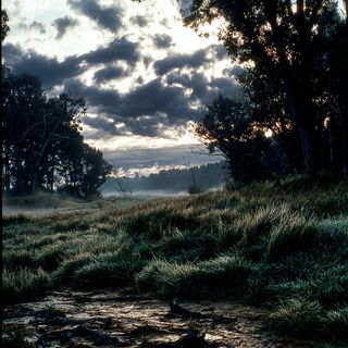 Stonewash Colossica style, Midjourney V7: realistic landscape photograph of quiet dawn
