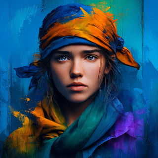 Splattergouache style, Midjourney V7: photographic portrait of female protagonist