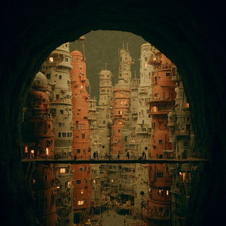 Cinderfold Bookworks style, Midjourney V7: megacity with futuristic bioarchitecture