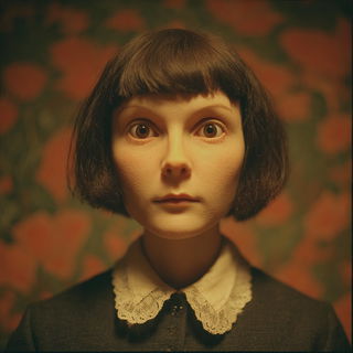 Cinderfold Bookworks style, Midjourney V7: photographic portrait of female protagonist