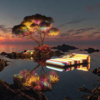 Stratified Mirrorcut style, Midjourney V7: realistic landscape photograph of quiet dawn
