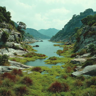 Titanoscape style, Midjourney V7: realistic landscape photograph of quiet dawn