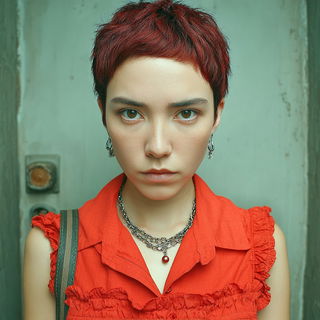 Titanoscape style, Midjourney V7: photographic portrait of female protagonist