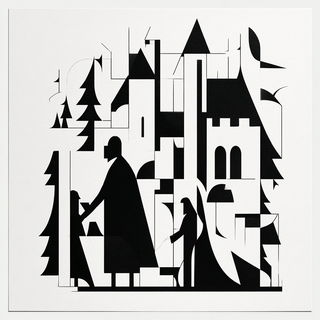 Linocut Geometry style, Midjourney V7: retro fairy-tale illustration
