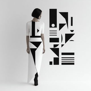 Linocut Geometry style, Midjourney V7: haute-couture fashion outfit