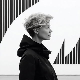 Linocut Geometry style, Midjourney V7: photographic portrait of female protagonist