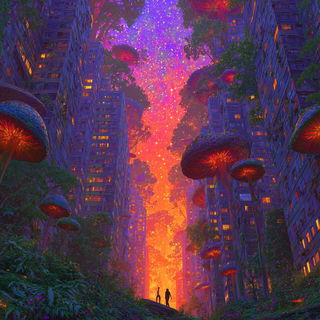 Fauveglow style, Midjourney V7: megacity with futuristic bioarchitecture