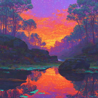 Fauveglow style, Midjourney V7: realistic landscape photograph of quiet dawn