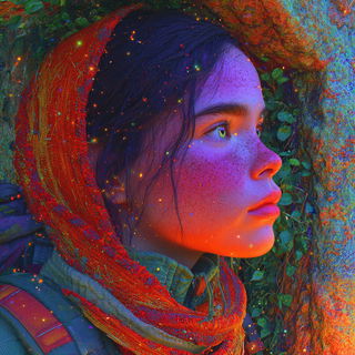 Fauveglow style, Midjourney V7: photographic portrait of female protagonist