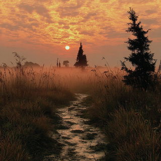 Ruincrawl style, Midjourney V7: realistic landscape photograph of quiet dawn