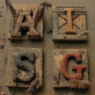 Ruincrawl style, Midjourney V7: typographic composition with large letters