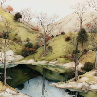 Carmine Phthalo Tangle style, Midjourney V7: realistic landscape photograph of quiet dawn
