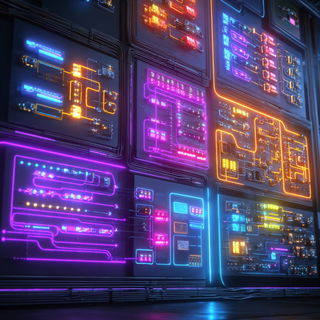 Neonhortic style, Midjourney V7: technical infrastructure blueprint schematics