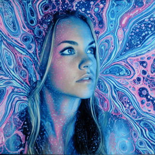 Vortecel style, Midjourney V7: photographic portrait of female protagonist